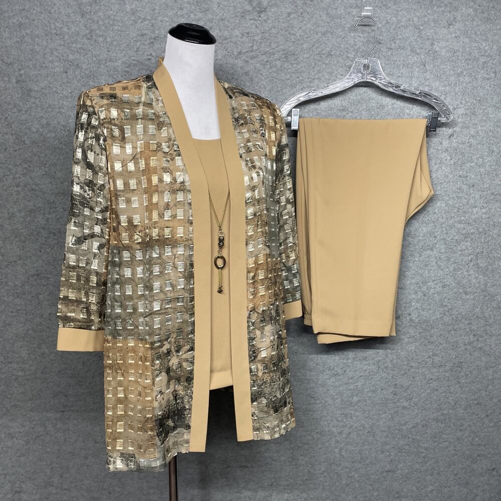 VTG R&M Richards Womens 14 Champagne Metallic 2 Pc Pant Suit Necklace Geometric